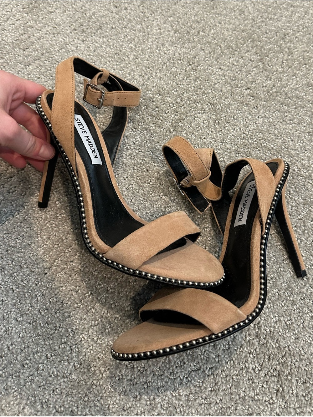 Steve Madden Tan Suede Stud-Trim Stiletto Sandals